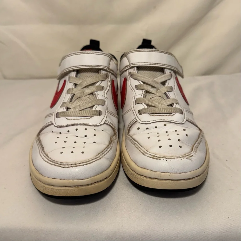 Size 13K - Nike Court Borough 2 Low White Black Red- Youth Sneakers- Hook & Loop